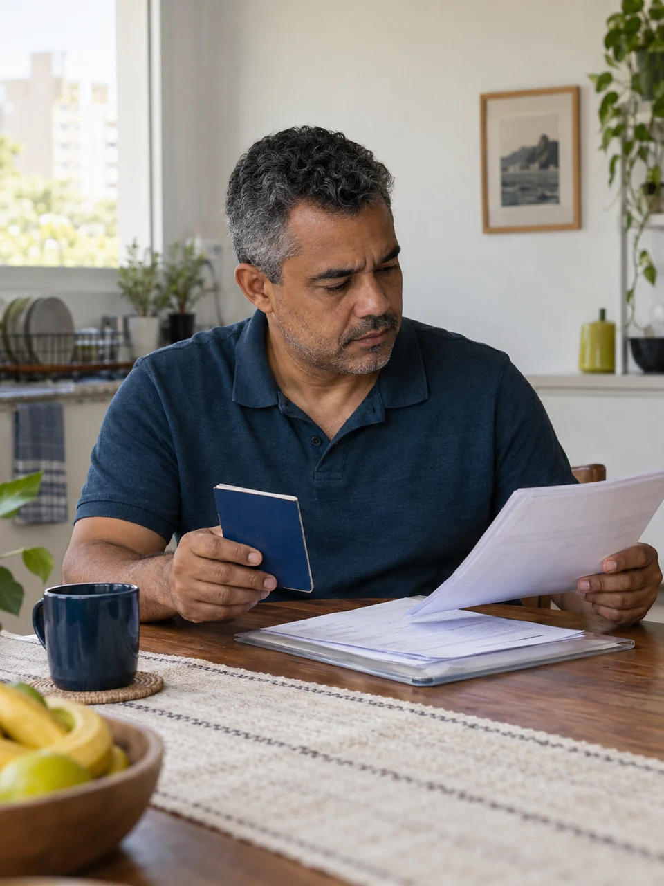 Homem confere seus documentos de trabalho